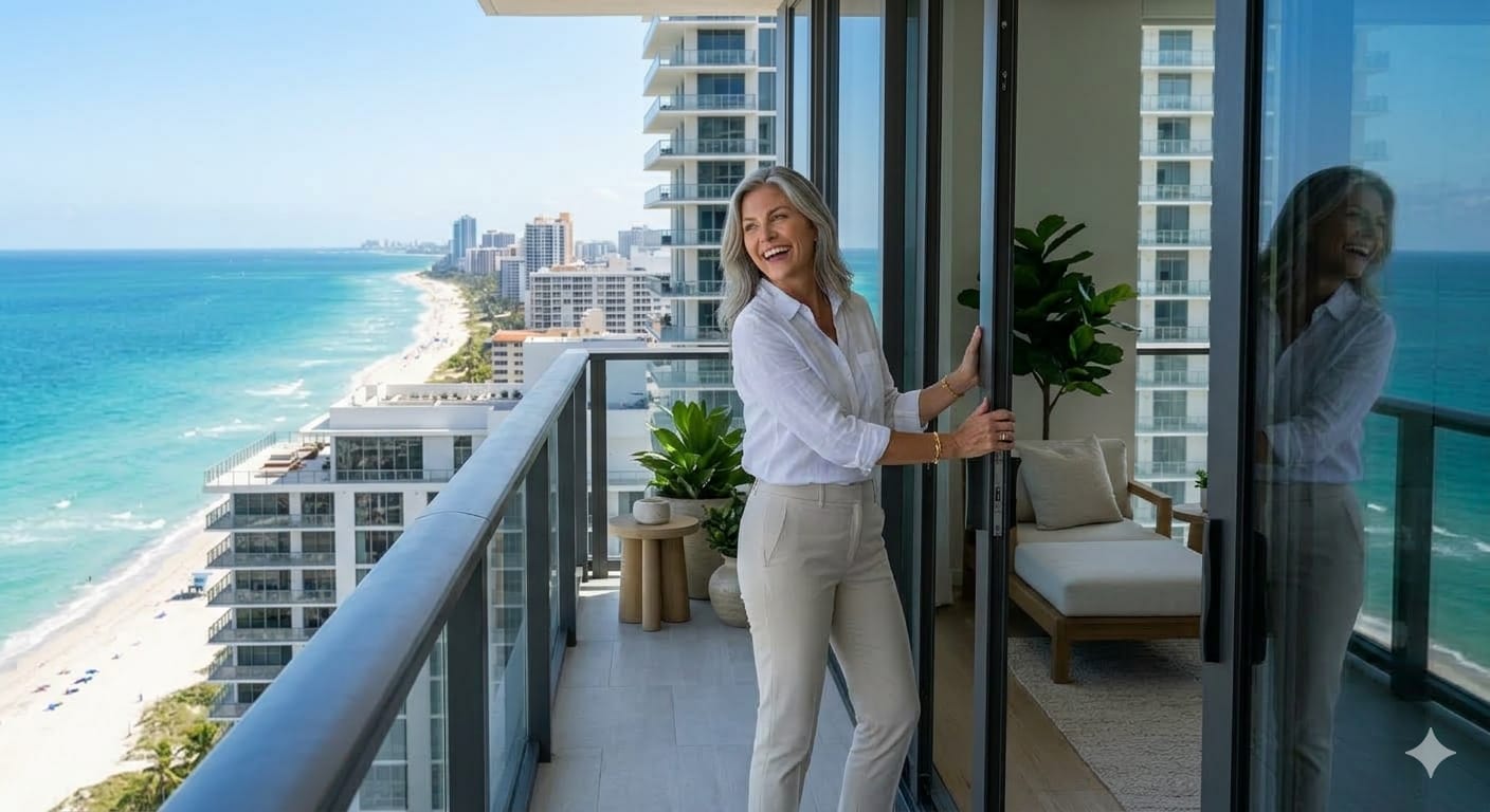 Professional sliding door repair technician servicing a sliding glass door in a Miami-Dade home